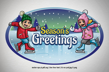 cartoon kids playing ice skating in the winter