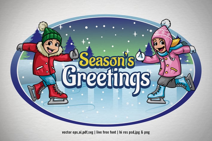 cartoon kids playing ice skating in the winter