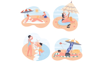 People Relaxing On Beach Concept Scenes Set