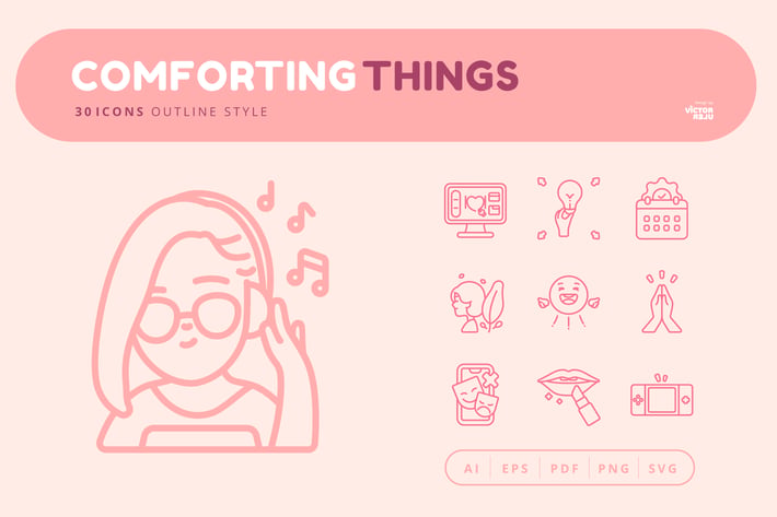 30 Icons Comforting Things Outline Style