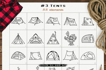 Camping Tents Icons Set Line Art Graphics Symbols
