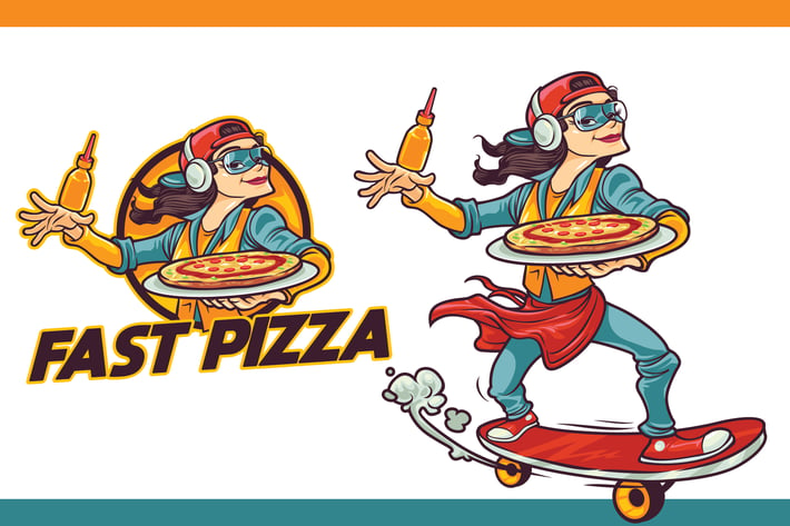 Cartoon Pizza Delivery Girl Character Mascot Logo
