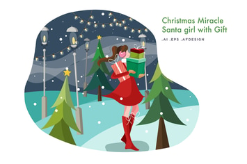 Santa Girl with Gift Vector Illustration