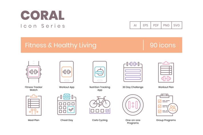 90 Fitness & Healthy Living Line Icons
