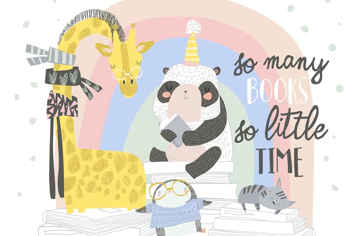 Cute animals with stacks of books. Vector 