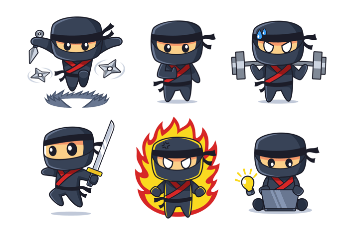 black Ninja cartoon collection in various poses