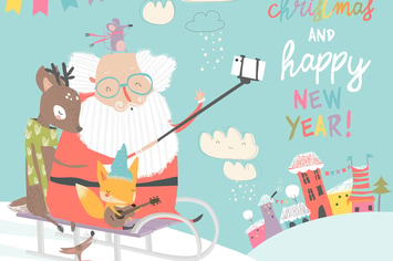 Santa take a selfie with reindeer and fox. Vector 
