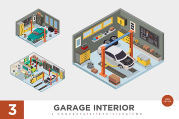 3 Isometric Garage Workshop Interior Vector Set 1