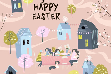 Cartoon happy family having Easter dinner in garde