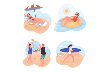 People Relaxing On Beach Concept Scenes Set