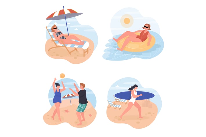 People Relaxing On Beach Concept Scenes Set