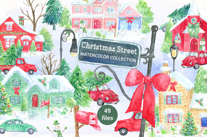 Watercolor Christmas Street