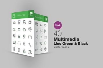 40 Multimedia Line Green & Black Icons