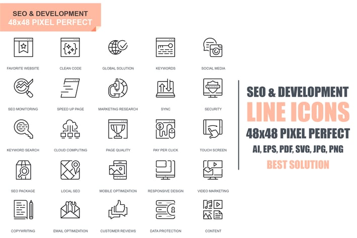 Simple Set Seo and Development Line Icons