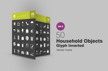 50 Household Objects Glyph Inverted Icons