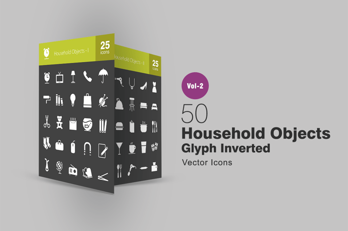 50 Household Objects Glyph Inverted Icons