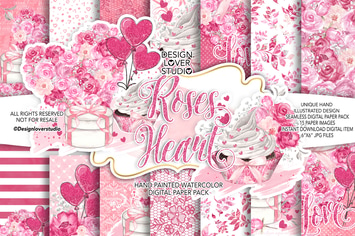 Roses Heart Valentine day digital paper pack