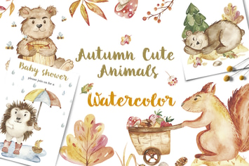 Watercolor Autumn cute animals