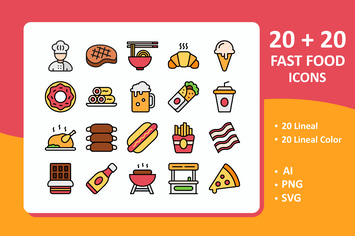 Fast Food Icons ( Line + Colored Line )