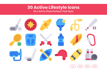 30 Active Lifestyle Icons Set - Flat
