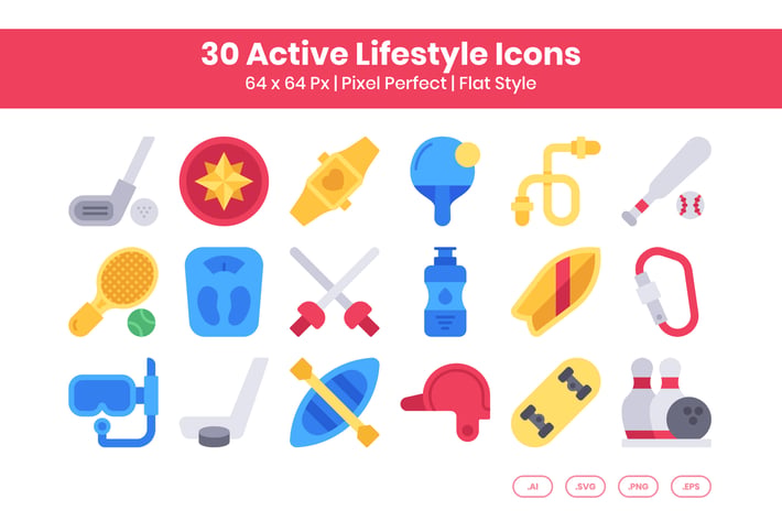 30 Active Lifestyle Icons Set - Flat