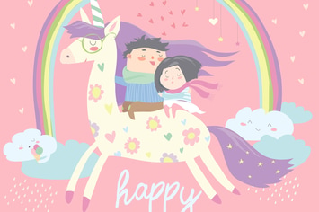 Couple in love riding on unicorn. Vector romantic 