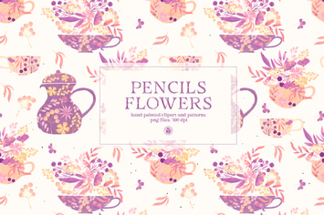 Pencils Flowers - hand drawn clipart and patterns