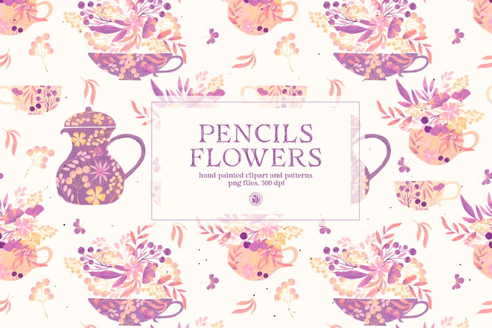 Pencils Flowers - hand drawn clipart and patterns