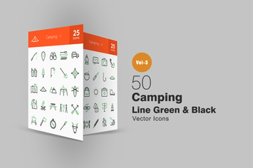50 Camping Line Green & Black Icons