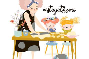 Mother and kids bake together at a kitchen. Vector