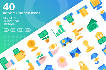 40 Bank & Finance Icons Set - Flat