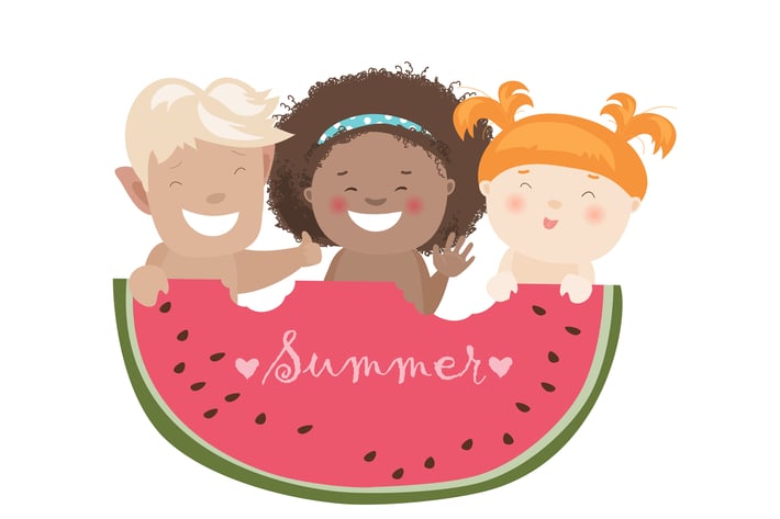 Funny children eating watermelon. Vector