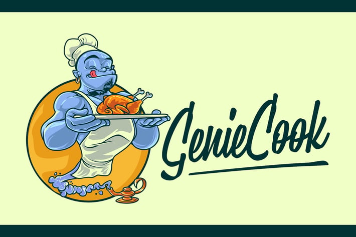 Cartoon Chef Genie Serving Food Mascot Logo
