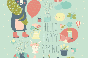 Cartoon characters and spring elements. Vector 