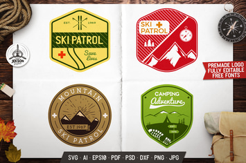 4 Mountain Ski Patrol, Retro Camping Vector Badges