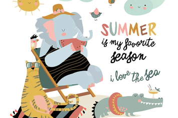 Cute cartoon animals sunbathing on beach. Hello 