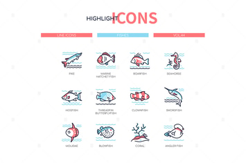 Fish species - modern line design style icons set