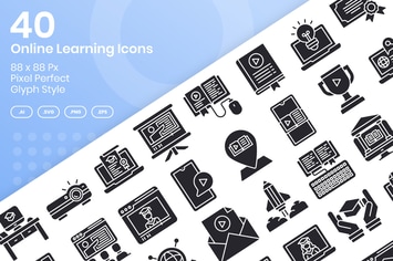 40 Online Learning Icons Set - Glyph