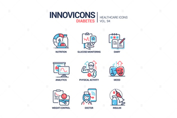 Diabetes - vector line design style icons set