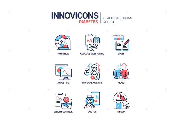 Diabetes - vector line design style icons set