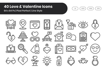 40 Love & Valentine Icons Set - Line