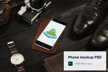 Phone, watch, wallet, shoes and old camera mockup