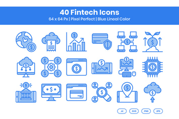 40 Fintech Icons Set - Blue Lineal Color