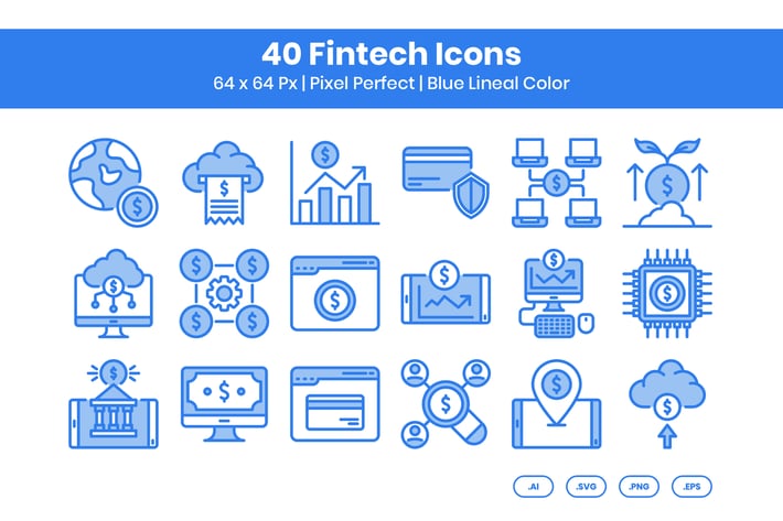 40 Fintech Icons Set - Blue Lineal Color