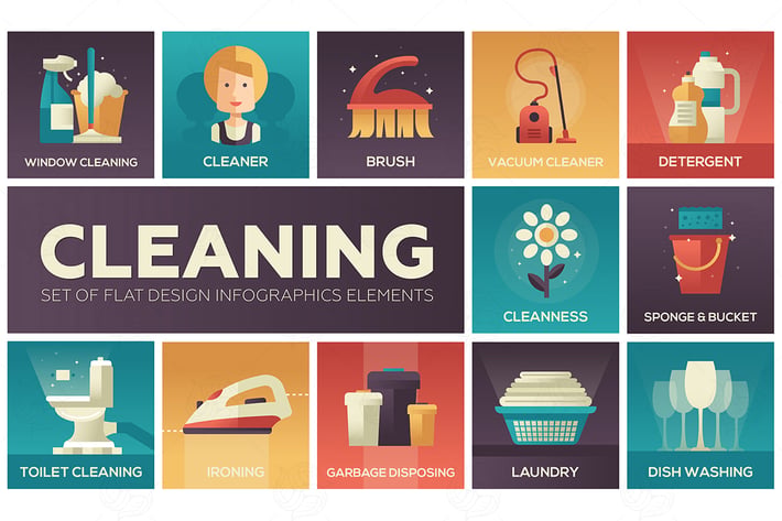 Cleaning - vector modern flat design icons set