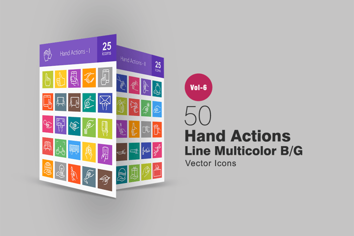 50 Hand Actions Line Multicolor B/G Icons