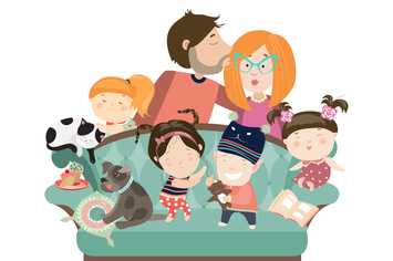 Happy kids with parents and pets. Vector 
