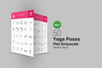 50 Yoga Poses Flat Greyscale Icons