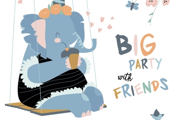 Cartoon holiday card with funny elephant. Happy 