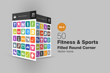 50 Fitness & Sports Flat Round Corner Icons